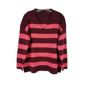 Talbots Sweater Women's Plus Size 1X Petite Pink Maroon Striped LS Collared